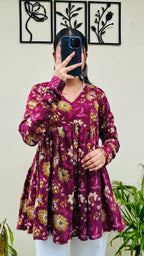 Cotton Katha Flared Wine Aliacut Floral Print Peplum Top - Dolled Up