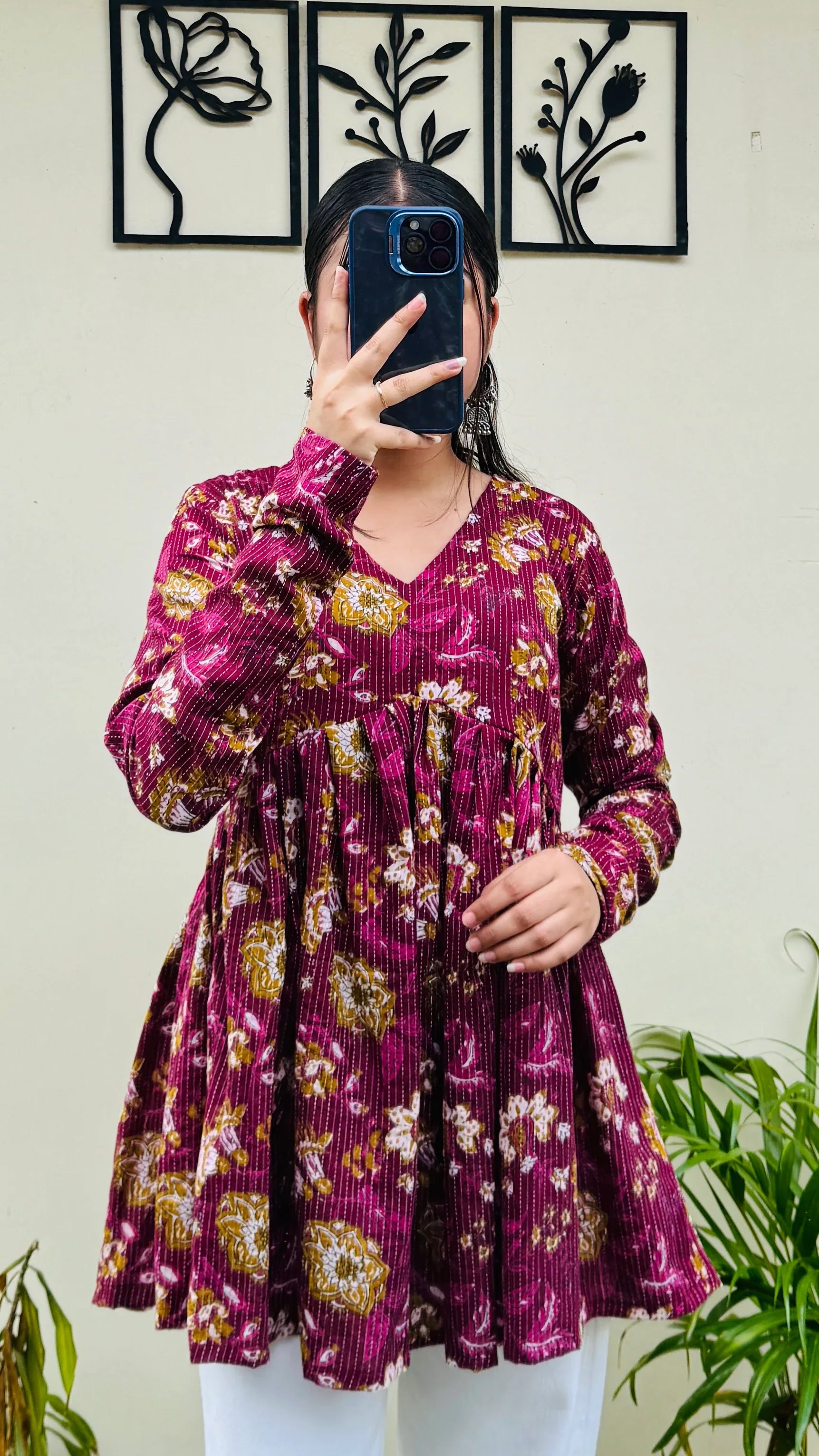 Cotton Katha Flared Wine Aliacut Floral Print Peplum Top - Dolled Up