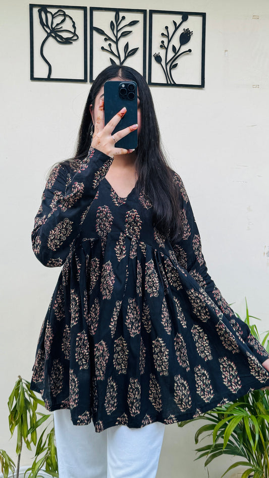 Cotton Flared Black Aliacut Ajrakh Print Peplum Top