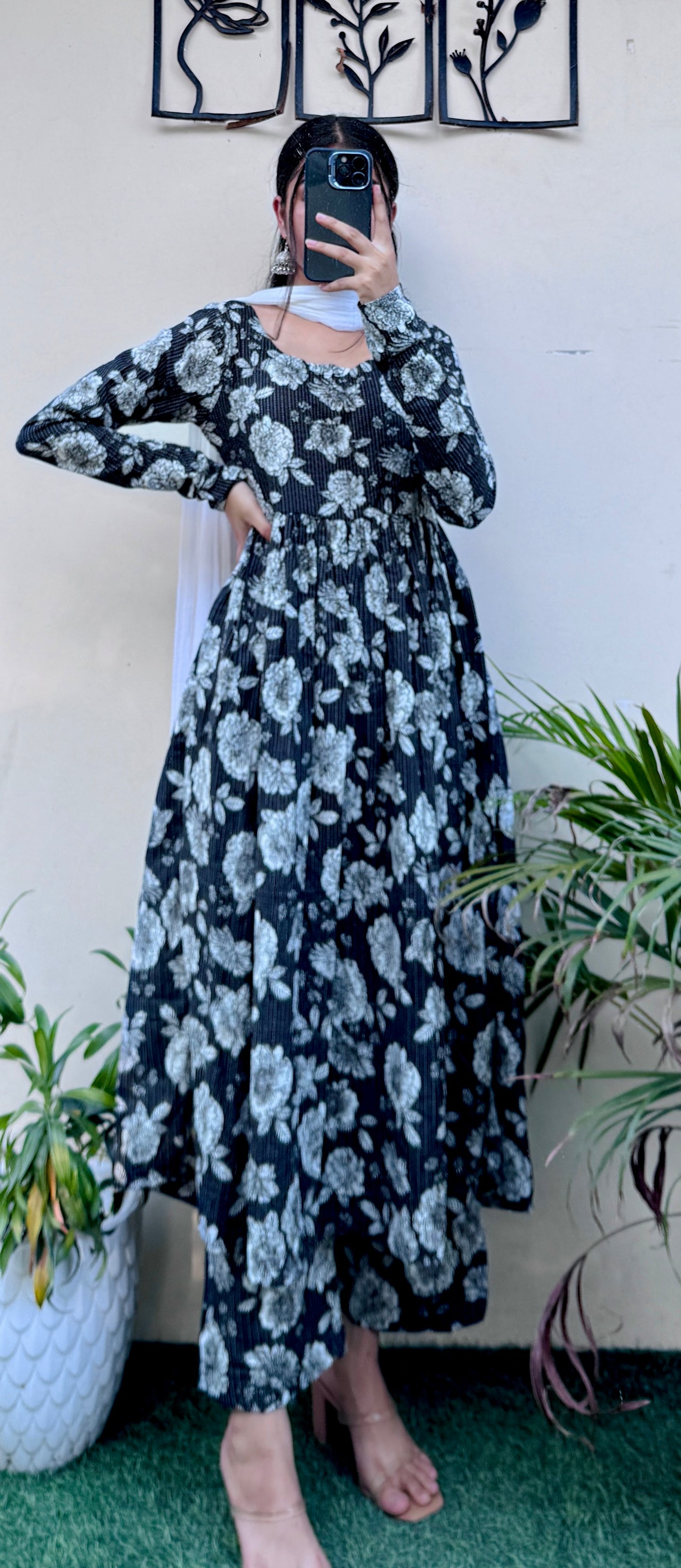 Beautiful Cotton Katha Black Anarkali Suit Set
