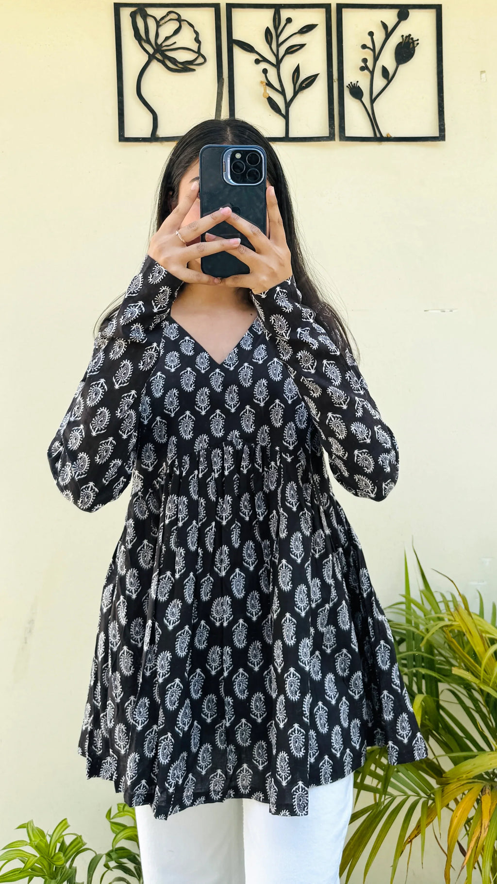 Cotton Black Flared Printed Aliacut Peplum Top - Dolled Up