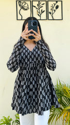 Cotton Black Flared Printed Aliacut Peplum Top - Dolled Up