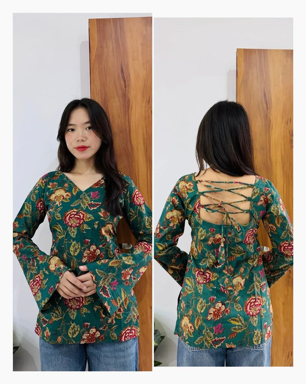 Cotton Bell Sleeves Back Crisscross design Short Kurtii - Dolled Up