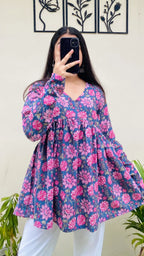 Katha Cotton Blue Katha Flared Floral Print Aliacut Peplum Top - Dolled Up