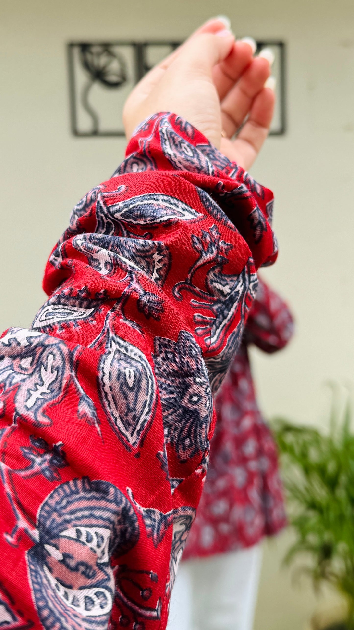 Cotton Flared Red Aliacut Floral Print Peplum Top