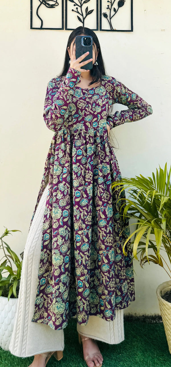 Cotton Full Sleeve Wine Nyra Cut Long Kurti - Dolled Up