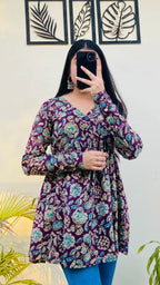 Cotton Wine Flared Floral Print Aliacut Peplum Top - Dolled Up