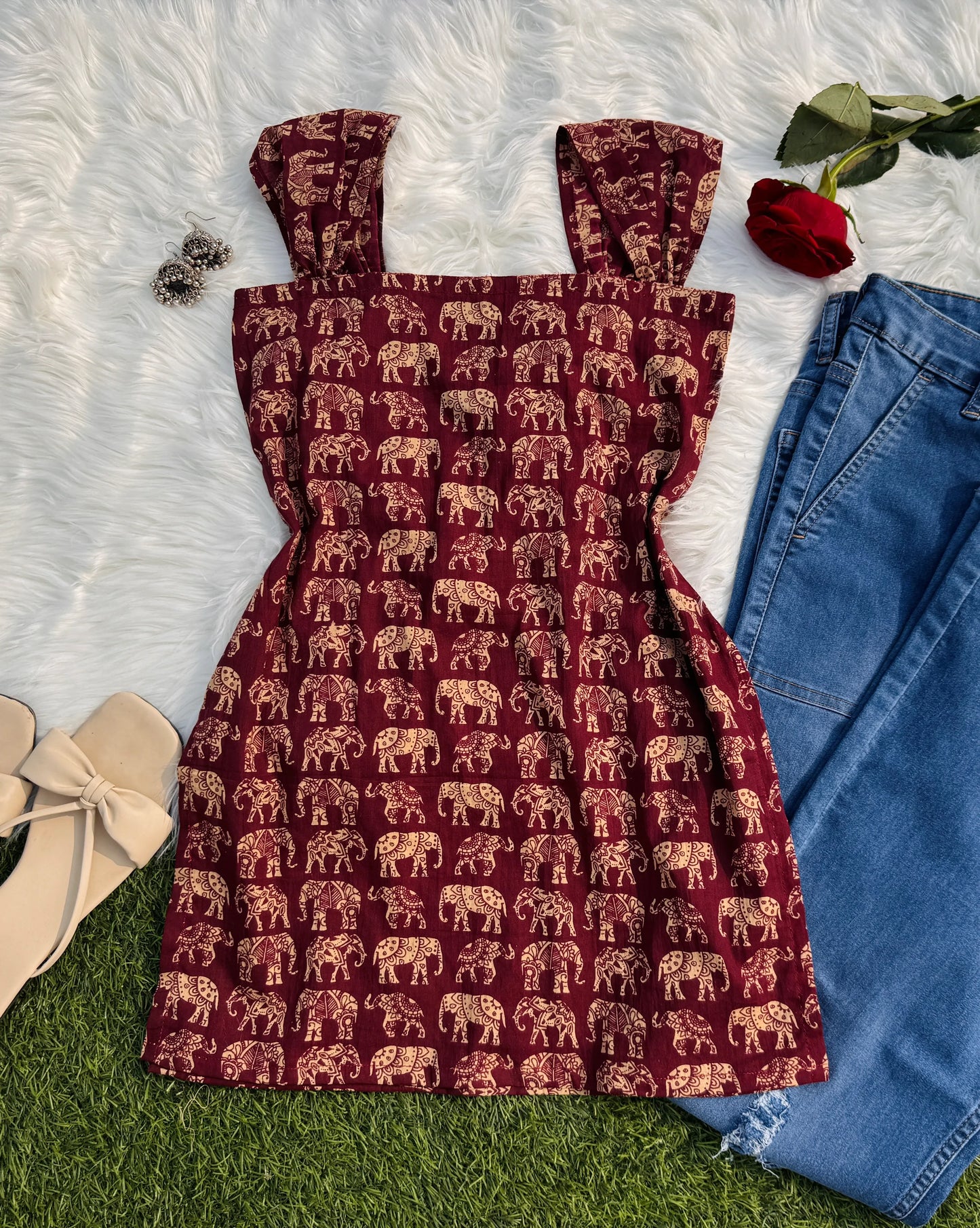 Beautiful Elephant Print Corset Back Sleeveless Kurti - Dolled Up