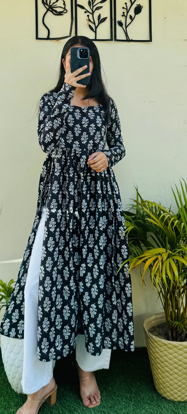 Cotton Full Sleeve Black Nyra Cut Long Kurti - Dolled Up
