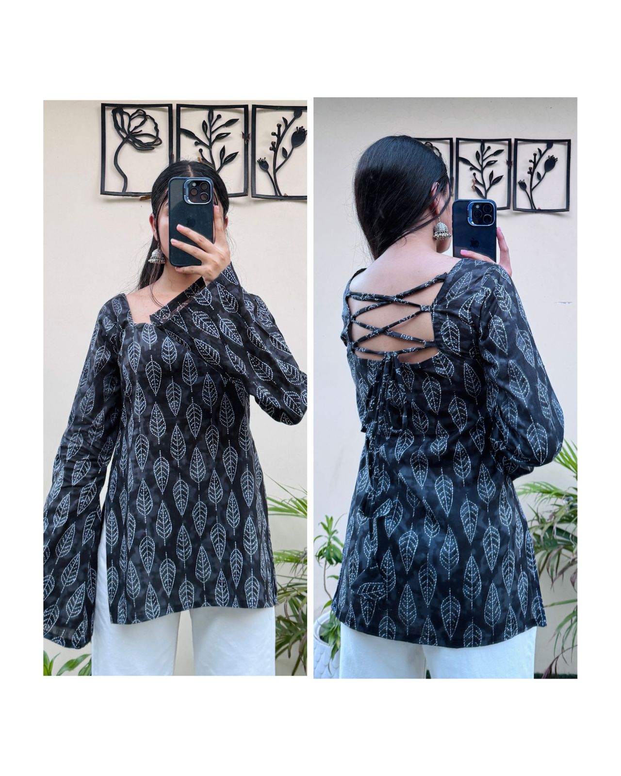 Cotton Bell Sleeves Back Crisscross design Short Kurti