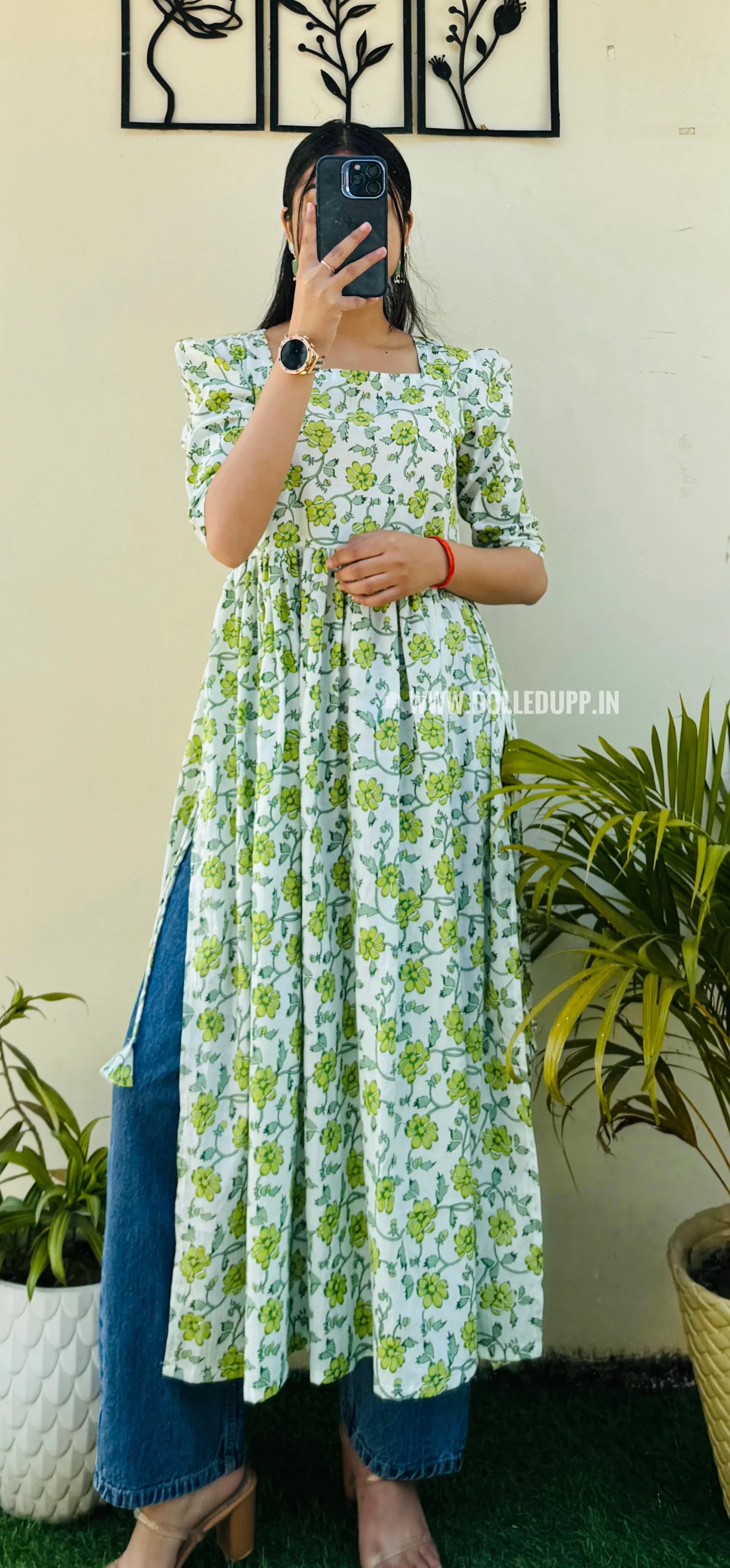 Cotton Printed White & Green Puff Sleeves Nyra Cut Long Kurti - Dolled Up