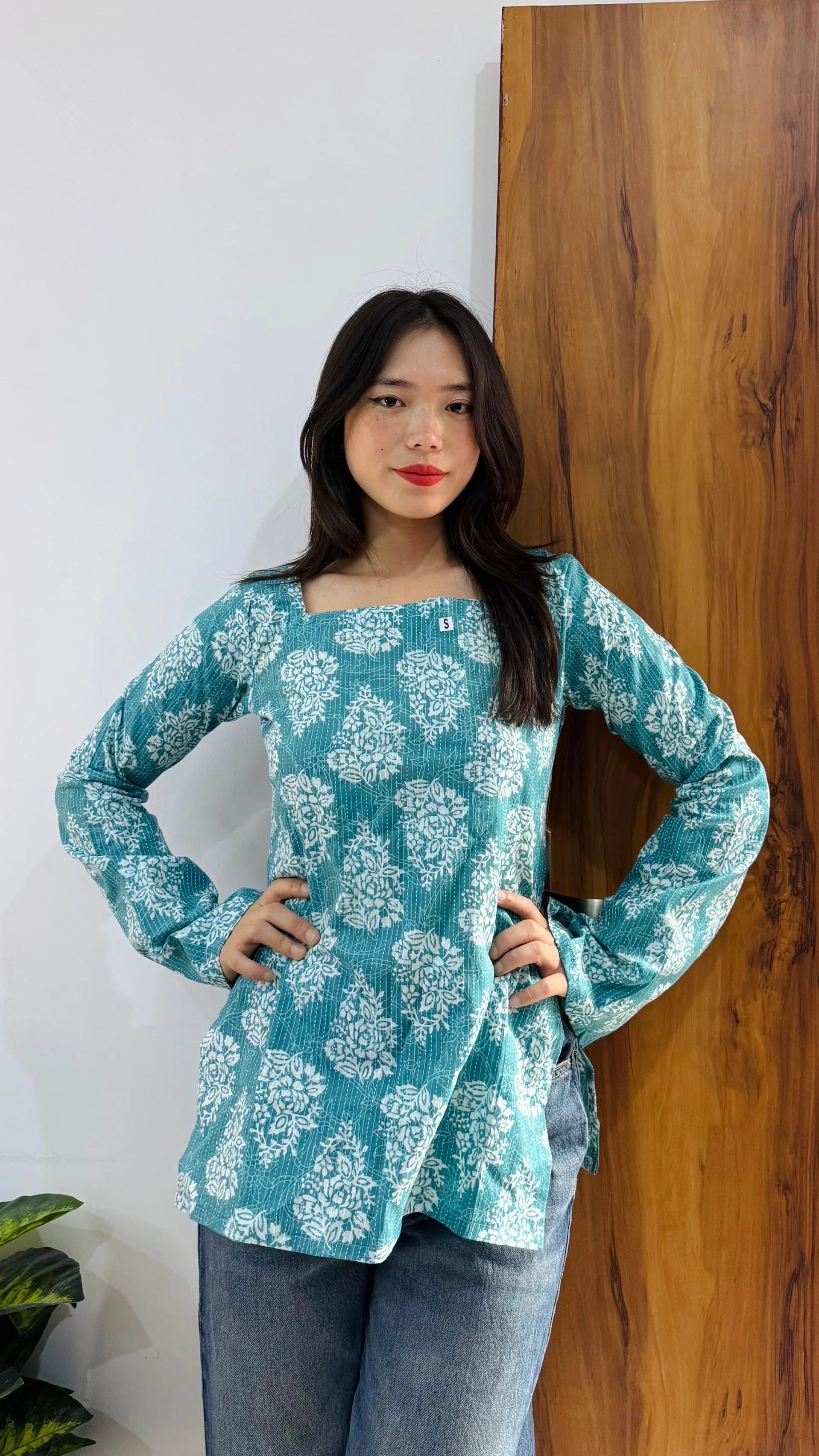 Cotton Katha Blue Bell Sleeves Back Crisscross design Short Kurti - Dolled Up