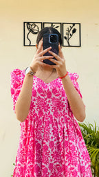 Cotton Katha Pink Puff Sleeves Nyra Cut Long Kurti - Dolled Up