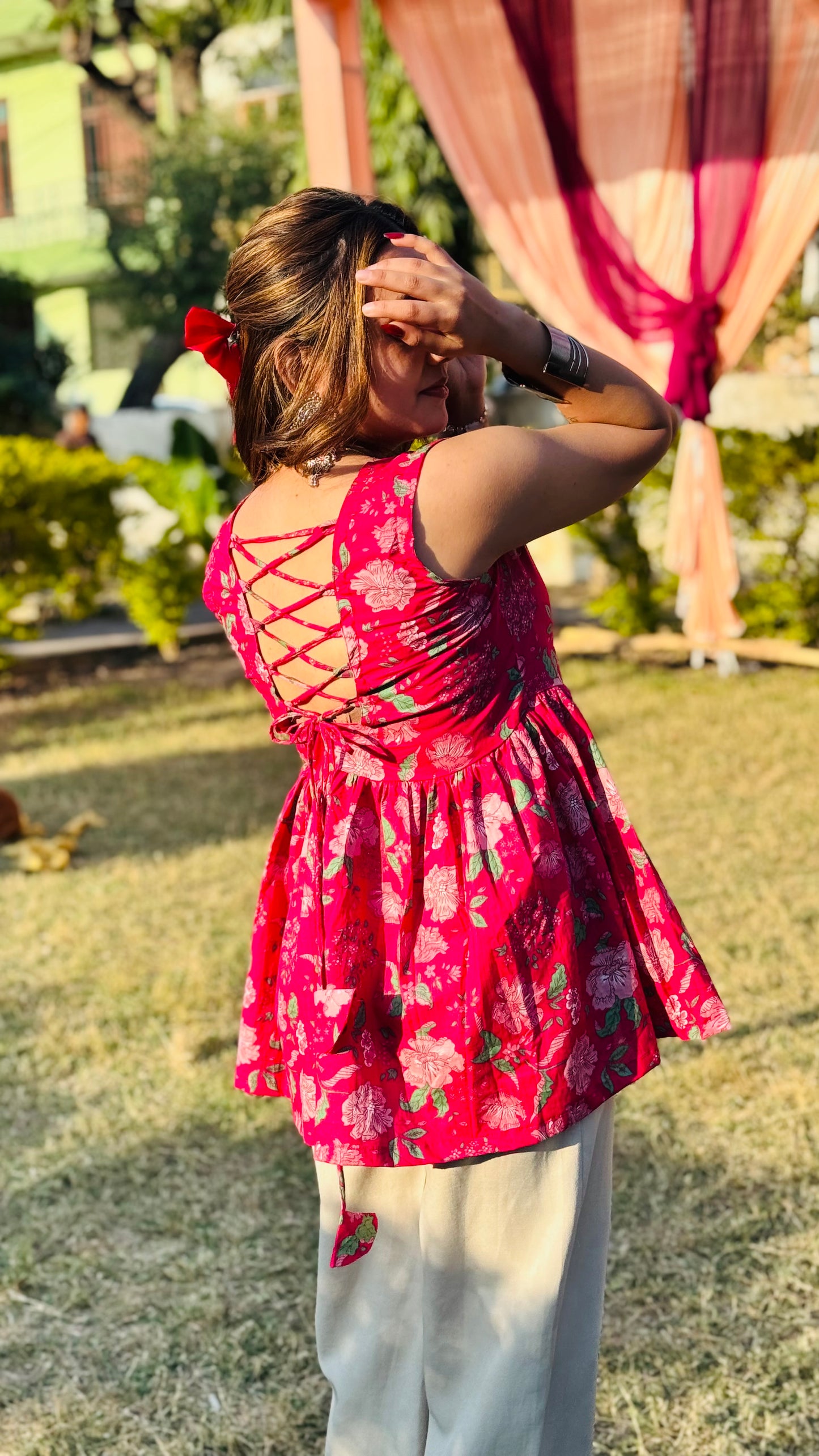 Cotton Flared Back Less Neck Design Short Kurti