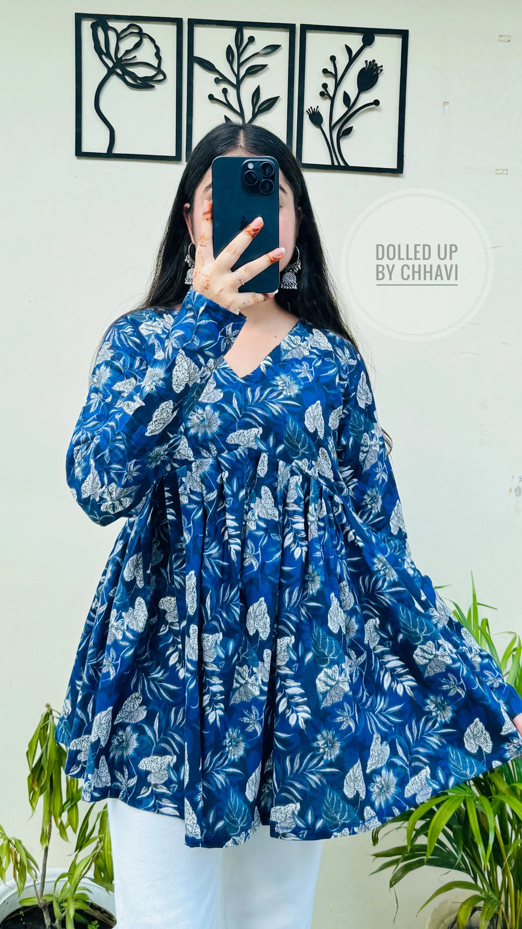 Cotton Flared Royal Blue Aliacut Floral Print Peplum Top - Dolled Up