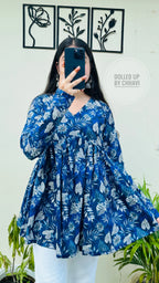 Cotton Flared Royal Blue Aliacut Floral Print Peplum Top - Dolled Up
