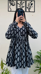Cotton Flared Black Floral Print Aliacut Peplum Top - Dolled Up