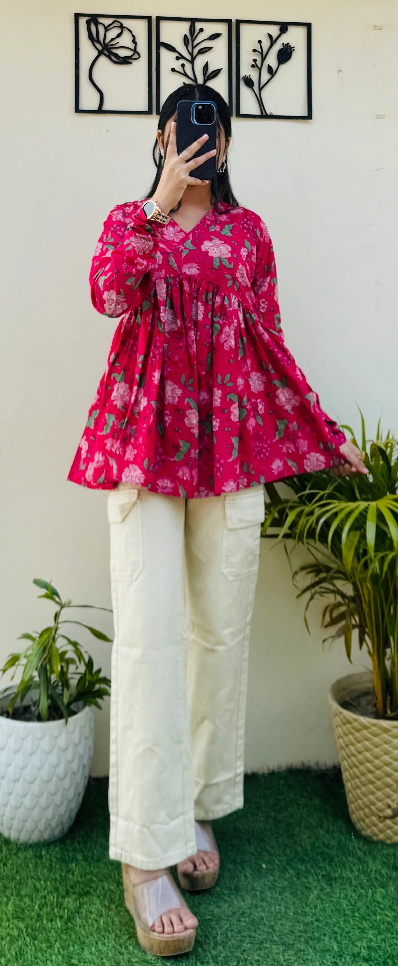 Cotton Pink Flared Floral Print Aliacut Peplum Top - Dolled Up