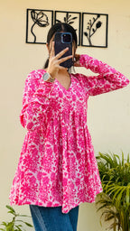 Cotton Katha Pink Printed Flared Peplum Top - Dolled Up