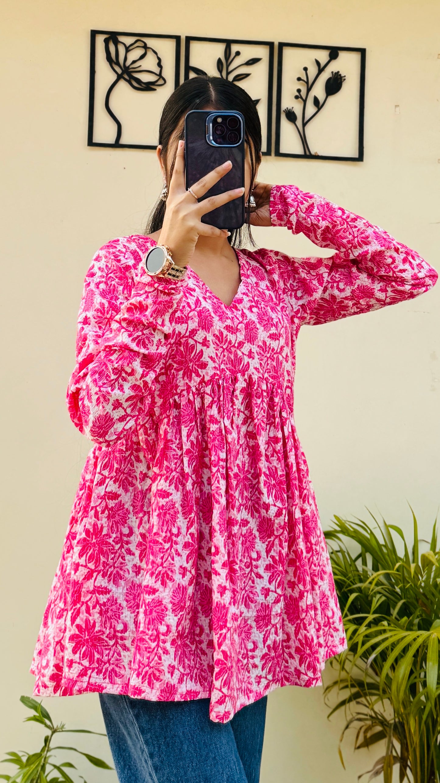 Cotton Katha Pink Printed Flared Peplum Top