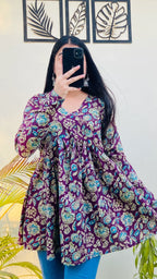 Cotton Wine Flared Floral Print Aliacut Peplum Top - Dolled Up