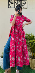 Cotton Printed Hotpink Nyra Cut Long Kurti - Dolled Up