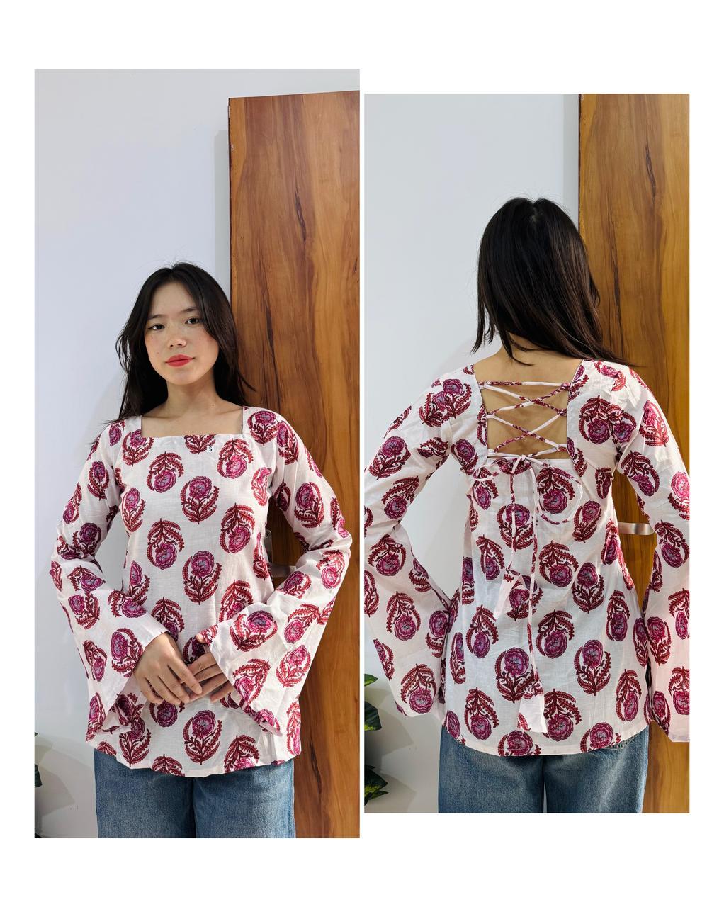 Cotton Bell Sleeves Back Crisscross design Short Kurti - Dolled Up