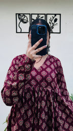 Cotton Flared Maroon Aliacut Ajarakh Print Peplum Top - Dolled Up