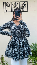 Cotton Flared Black Aliacut Floral Print Peplum Top - Dolled Up