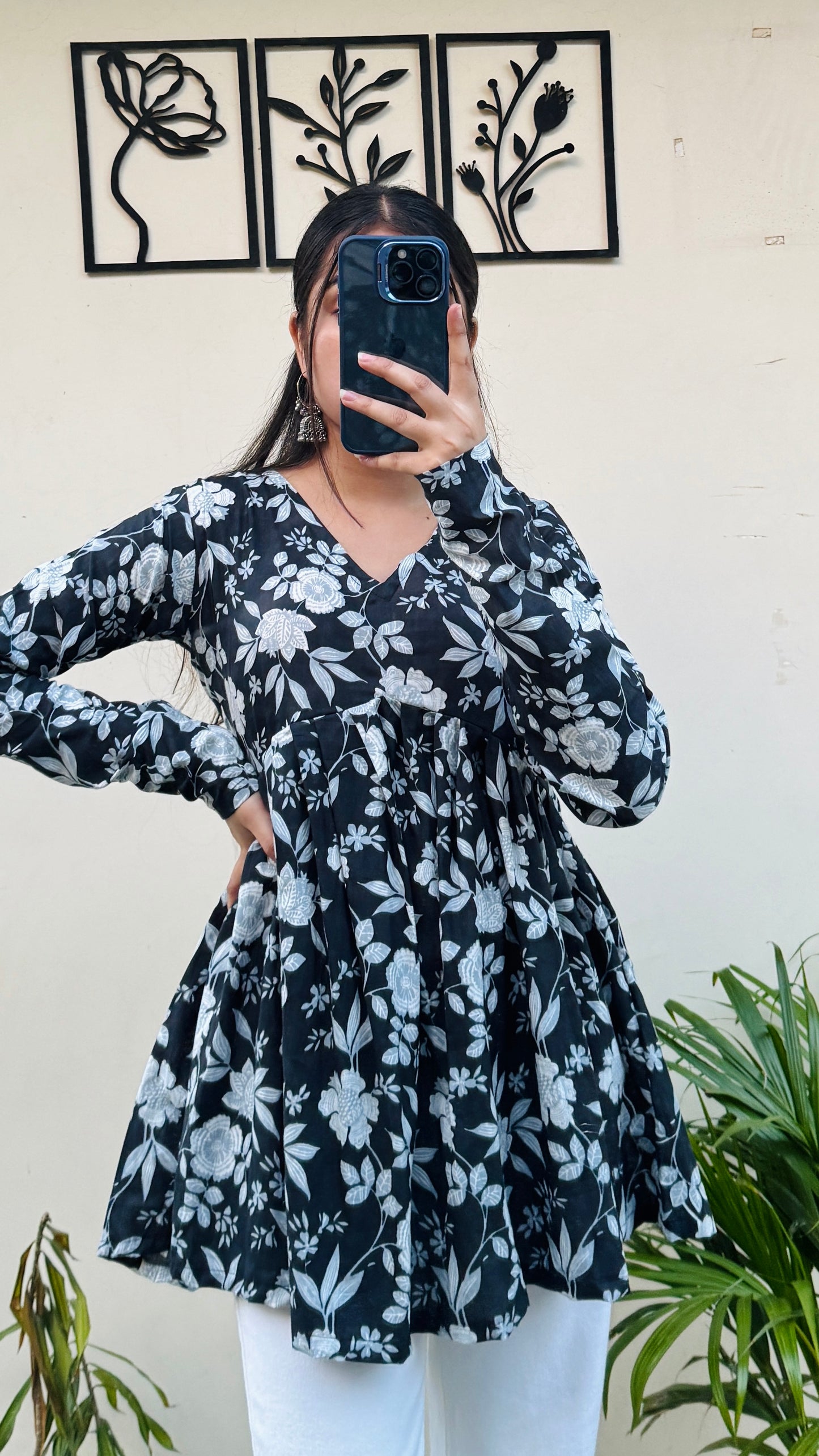 Cotton Flared Black Aliacut Floral Print Peplum Top
