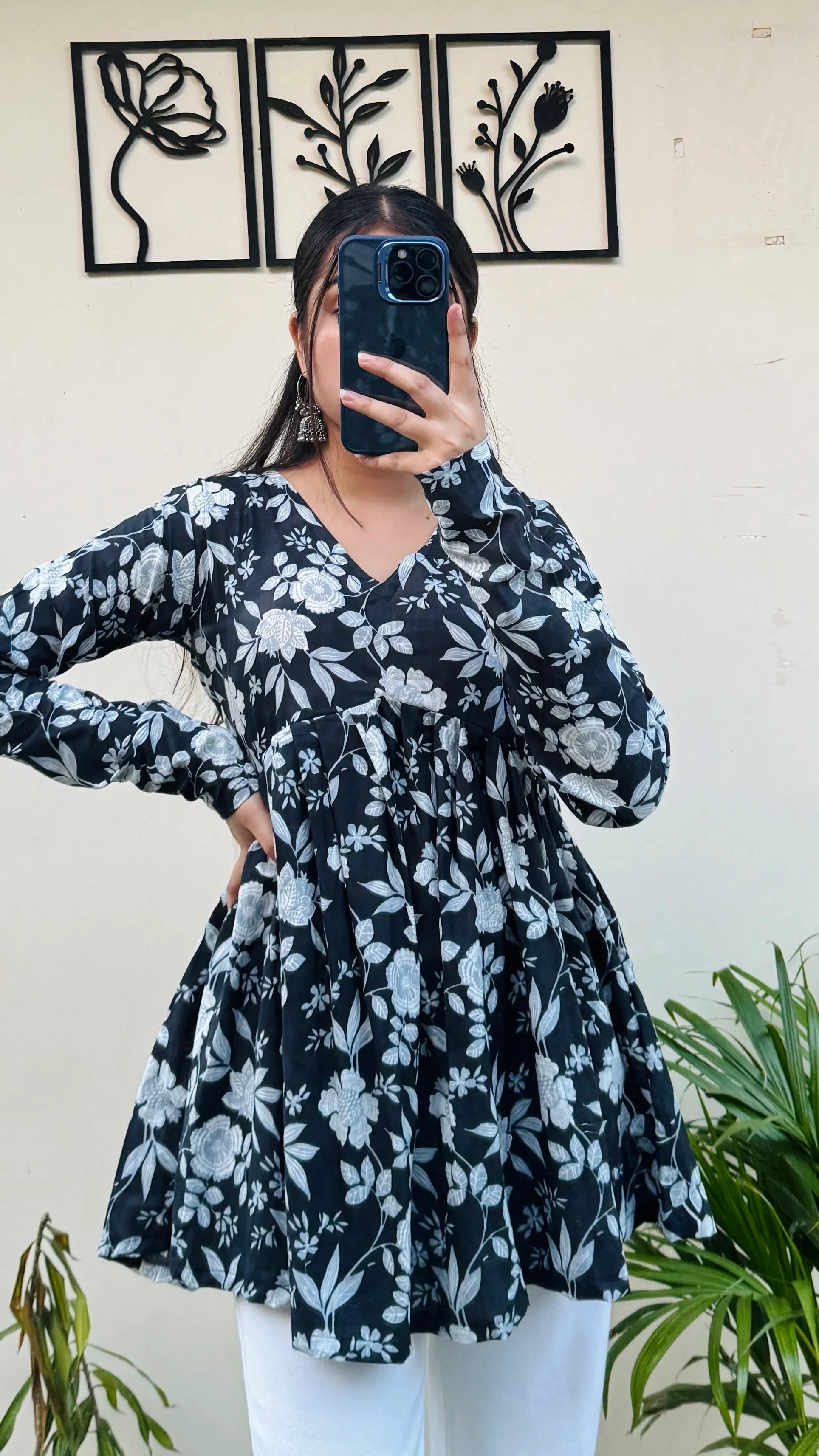 Cotton Flared Black Aliacut Floral Print Peplum Top - Dolled Up