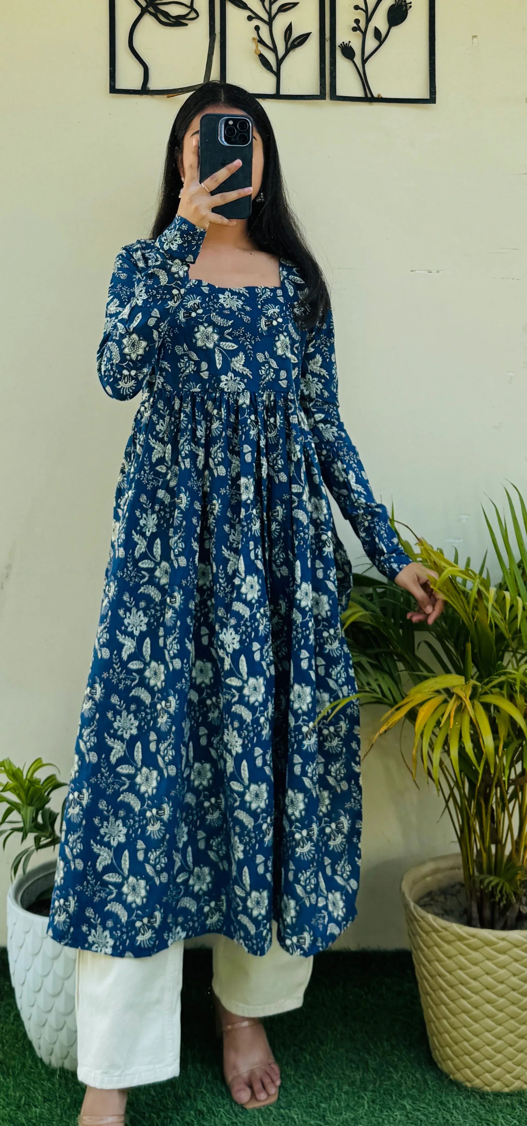 Cotton Full Sleeve Blue Nyra Cut Long Kurti - Dolled Up