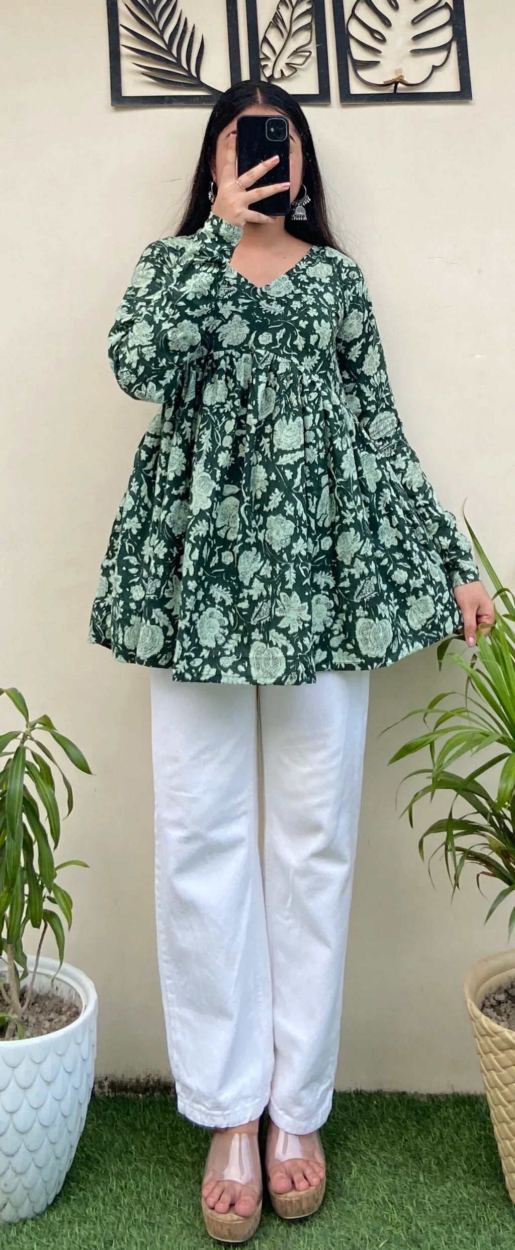 Cotton Flared Olive Green Printed Aliacut Peplum Top - Dolled Up