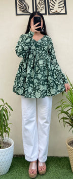 Cotton Flared Olive Green Printed Aliacut Peplum Top - Dolled Up