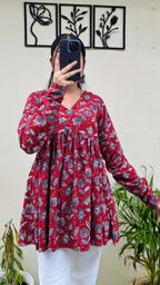 Cotton Flared Red Aliacut Floral Print Peplum Top - Dolled Up