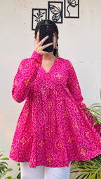 Cotton Dark Pink Flared Printed Aliacut Peplum Top - Dolled Up