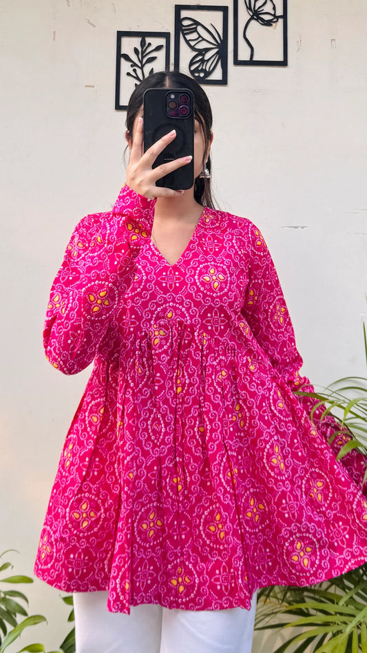 Cotton Dark Pink Flared Printed Aliacut Peplum Top - Dolled Up