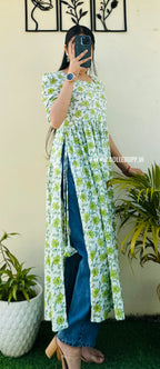 Cotton Printed White & Green Puff Sleeves Nyra Cut Long Kurti - Dolled Up