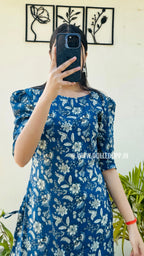 Cotton Printed Blue Puff Sleeve Straight Kurta - Dolled Up