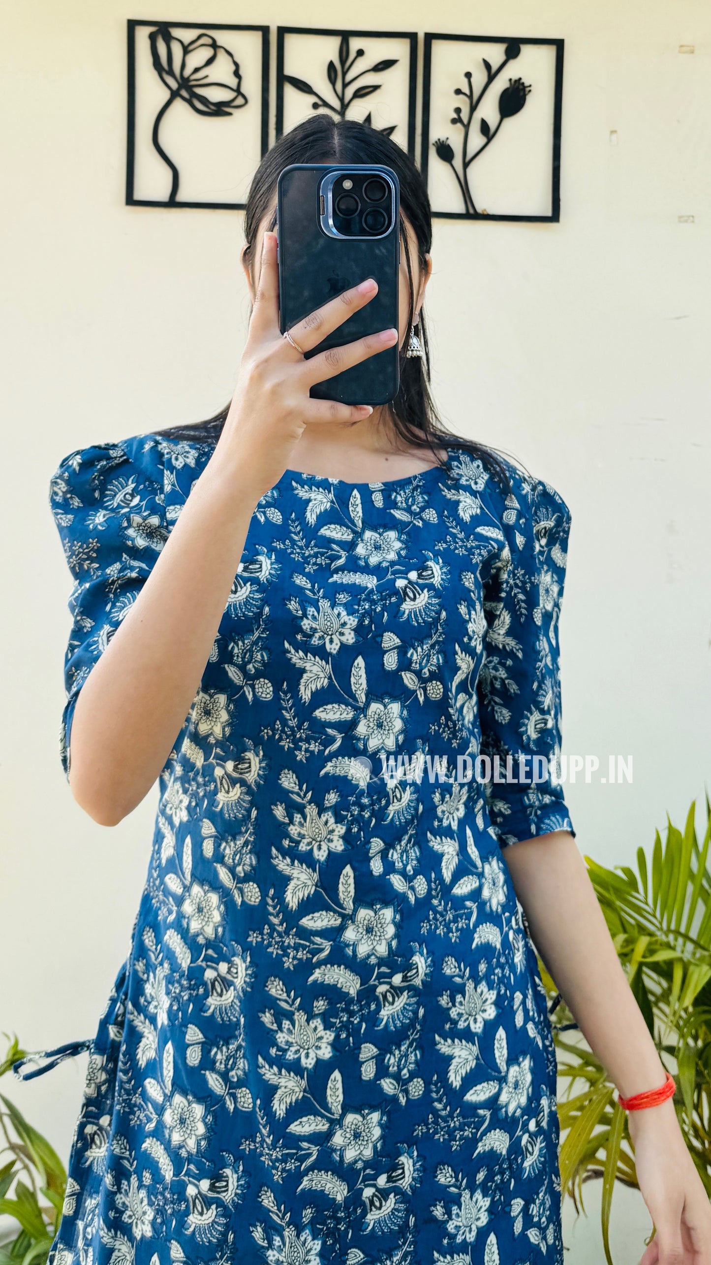 Cotton Printed Blue Puff Sleeve Straight Kurta