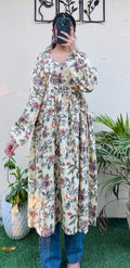 Katha Cotton Cream Balloon Sleeves Long Kurti - Dolled Up