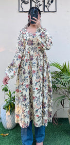 Katha Cotton Cream Balloon Sleeves Long Kurti - Dolled Up
