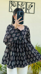 Cotton Black Bellsleeve Backless Ajrakh Print Flared Aliacut Short Kurti - Dolled Up