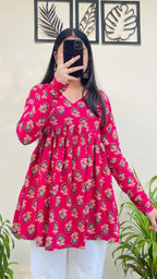 Cotton Flared Hot Pink Aliacut Printed Peplum Top - Dolled Up