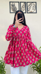 Cotton Flared Hot Pink Aliacut Printed Peplum Top - Dolled Up
