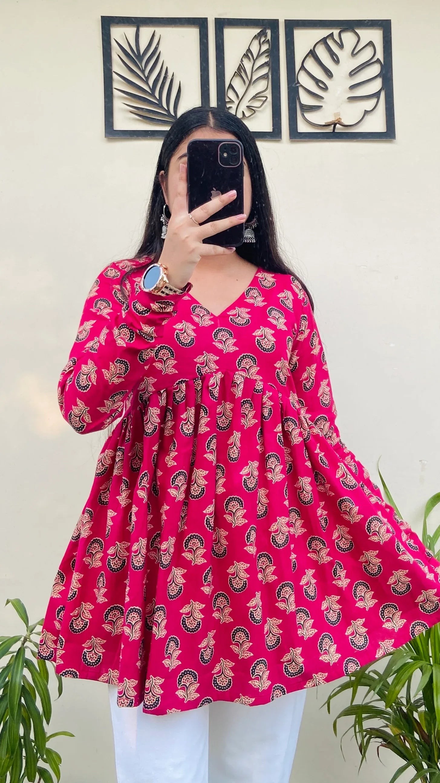 Cotton Flared Hot Pink Aliacut Printed Peplum Top - Dolled Up