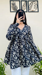 Cotton Flared Black Floral Print Aliacut Peplum Top - Dolled Up