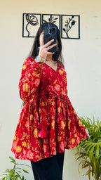 Cotton Red Angrakha Pattern Flared Floral Print Aliacut Peplum Top - Dolled Up