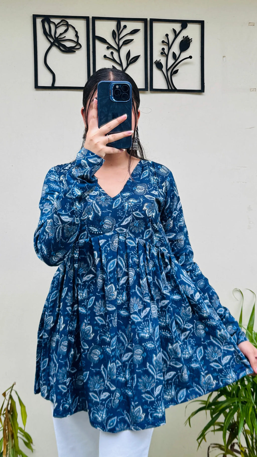 Cotton Flared Blue Aliacut Floral Print Peplum Top - Dolled Up