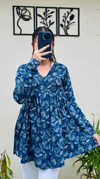 Cotton Flared Blue Aliacut Floral Print Peplum Top - Dolled Up